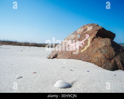 Low-angle wide-angle view of a brightly painted fieldstone and seashells on the East Frisian North Sea beach under a blue sky. Stock Photo