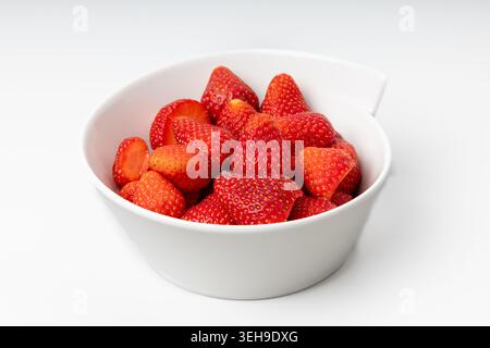 Bowl of Fresh Red Strawberries Isolated on White Background, Side View Stock Photo