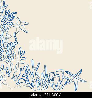 Hand-drawn decorative frame with starfish and corals and seaweed in line art style for vacation vibe projects or event decor Stock Vector