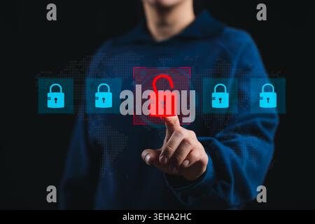 Cybersecurity breach risk and unlocked data access concept. Red open padlock with blue locked icons, showing network vulnerability, data exposure, Stock Photo