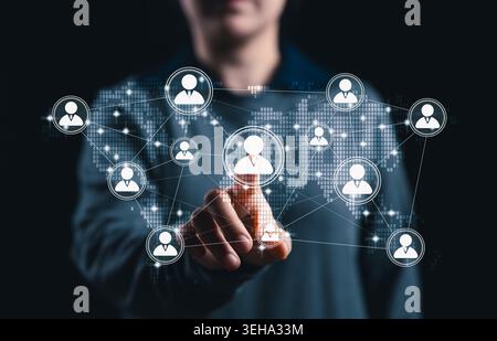 Global business network and professional connection concept. user profile interface on world map with connected people icons, team collaboration, soci Stock Photo