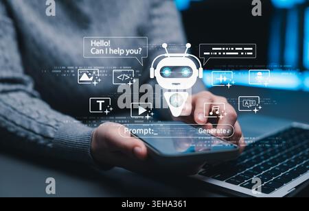 Generative artificial intelligence chatbot concept. Robot assistant and prompt AI with icons for image, code, text, video, audio, music, translation Stock Photo