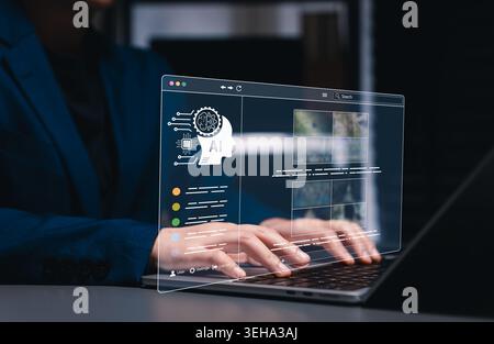 AI image generator and artificial intelligence graphic design concept. Text to image prompt software for generating images. generative design tools Stock Photo