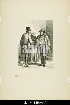 The Auction House: The Dealers by Charles Maurand after Honoré Daumier, 1863, printed 1920, depicting two well-dressed men conversing with a woman between them on a street Stock Photo