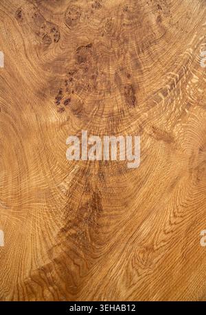 Golden oak grain with swirling burl patterns and warm natural tones, revealing the intricate beauty of aged timber. Stock Photo