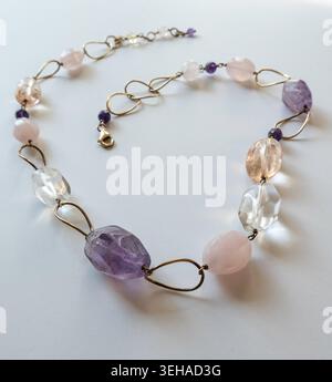 Technibond Vermeil Sterling Silver Amethyst Rose Quartz Gemstone Necklace Stock Photo