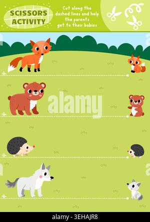 Vector forest animals cutting activity. Scissors practice game with cute woodland landscape, fox, bear, hedgehog, wolf and babies. Wildlife printable Stock Vector