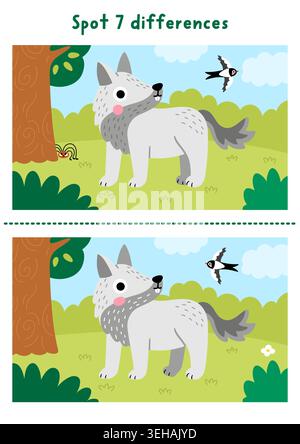 Forest find differences game for children with wolf on meadow, bird. Woodland educational activity with animal. Puzzle for kids with cute scene, lands Stock Vector