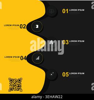 Modern business infographic template with five steps, icons, and a QR code, featuring a yellow wavy design on a black background. Stock Vector