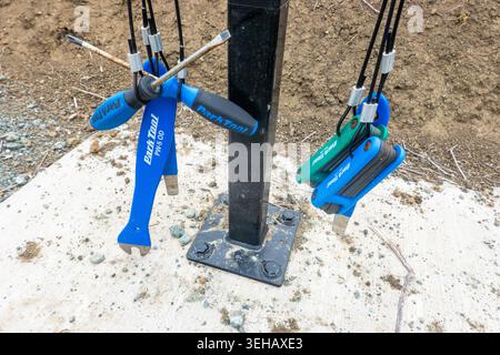 Useful Mountain bicycle tools on a trail  in central California  ; USA Stock Photo