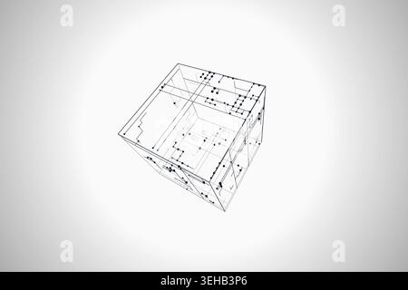 Modern technology-inspired 3D wire cube with layered lines and connection points Stock Vector
