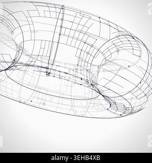 Modern technology-inspired 3D wire torus with layered lines and connection points Stock Vector