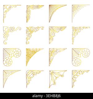 Gold line vector delicate openwork corner set. Golden outline royal angle sign collection, refined feminine edge border isolated symbols, various luxu Stock Vector
