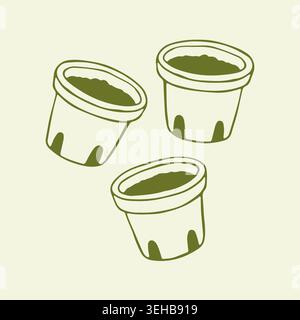 Three hand drawn seedling pots with soil. Gardening containers for planting seeds and sprouts. Minimalist agricultural line art in green olive color Stock Vector