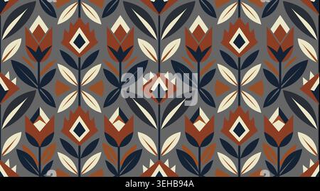 Seamless geometric folk art pattern featuring abstract floral shapes in rust orange, navy blue, and cream on a grey background. Great for bohemian app Stock Vector