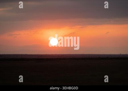 Bright orange sun rising over the flat horizon of the savanna in Amboseli National Park Kenya Stock Photo