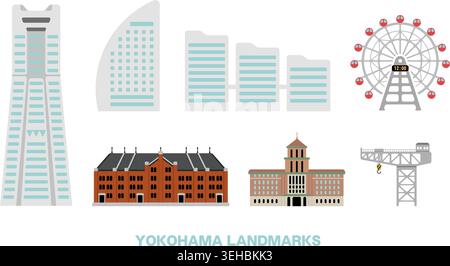 Yokohama landmarks flat vector illustration set Stock Vector