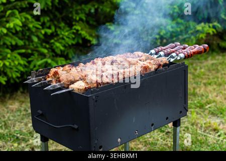 Smoked pork skewers grilling on hot charcoal barbecue outdoors in summer nature, tasty traditional meat cooking on metal skewers Stock Photo