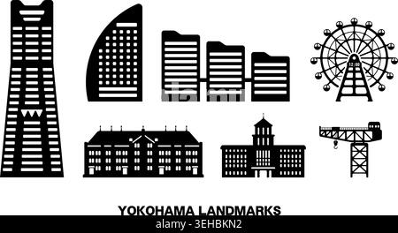 Yokohama landmarks flat vector illustration set Stock Vector