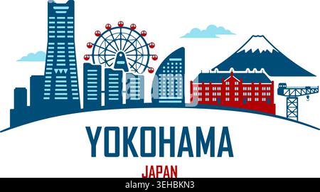 Yokohama skyline silhouette with famous landmarks   vector illustration Stock Vector