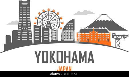 Yokohama skyline silhouette with famous landmarks   vector illustration Stock Vector