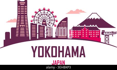 Yokohama skyline silhouette with famous landmarks   vector illustration Stock Vector