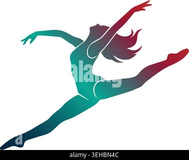 Dynamic ballet dancer silhouette performing a mid-air split jump leap, featuring a vibrant red to teal color gradient isolated on a white background Stock Vector