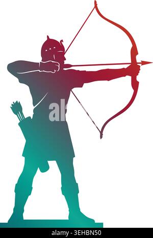 Dynamic archer silhouette aiming a bow and arrow standing at full draw, featuring a vibrant red to teal color gradient on a white background Stock Vector