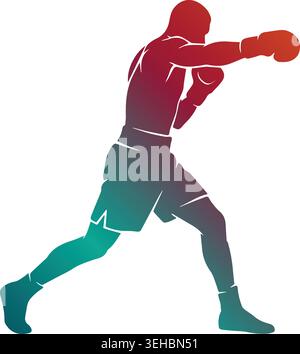 Dynamic boxer silhouette throwing a powerful straight punch jab, featuring a vibrant red to teal color gradient isolated on a white background Stock Vector