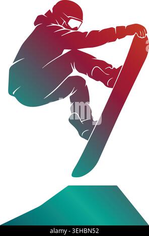 Dynamic snowboarder silhouette launching high in the air off a ramp ramp, featuring a vibrant red to teal color gradient on a white background Stock Vector