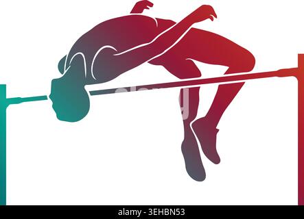 Dynamic high jump athlete silhouette clearing the bar in full layout motion, featuring a vibrant red to teal color gradient on a white background Stock Vector