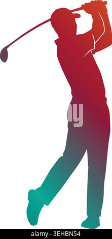Dynamic golfer silhouette swinging a golf club following through after a drive shot with a vibrant red to teal color gradient on a white background Stock Vector