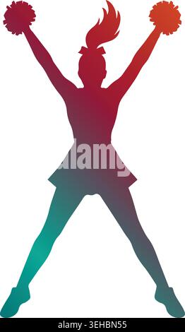Dynamic cheerleader silhouette jumping high in the air holding pom poms, featuring a vibrant red to teal color gradient isolated on white background Stock Vector