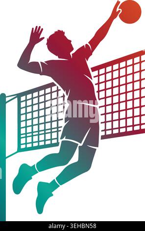 Dynamic volleyball player silhouette jumping high over a net to spike a ball, featuring a vibrant red to teal color gradient on a white background Stock Vector
