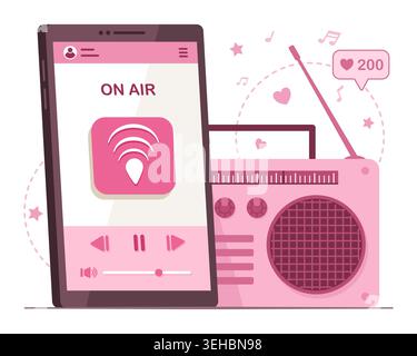 Online Radio Application on Smartphone Connected with Wireless Portable FM Radio Speaker for Wireless Connection Technology Concept Illustration Stock Vector