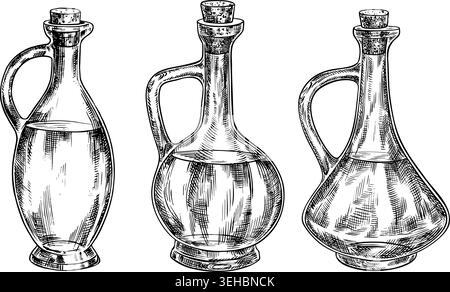 A set with beautiful glass bottles closed with a cork. Black and white vector graphic illustration. Design element for menus, recipes, and cookbooks Stock Vector