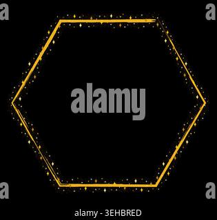 Sparkling Golden Yellow Hexagon Border Frame With Glitter Stars Stock Vector
