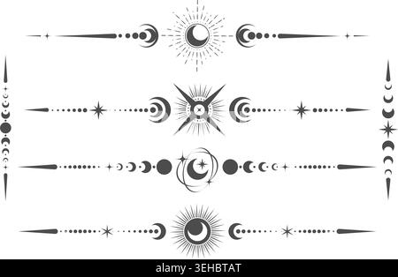 Celestial border with line of moon sun and stars. Tarot magic ornament with spiritual elements. Vector spiritual dividers set on white background Stock Vector