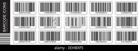 Barcode icons set with rounded rectangle labels and codes. Product scanning stickers Stock Vector