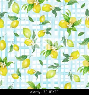Watercolor Lemon Fruit Seamless Pattern. Hand-Painted Yellow Lemons on Light Blue Gingham Checkered Background, Mediterranean Summer Print. Vector EPS. Stock Vector