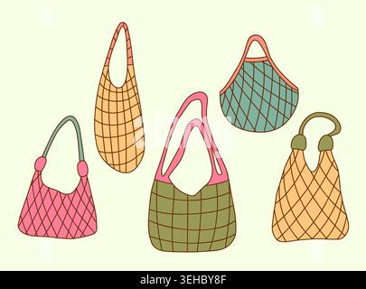 Colorful net tote bags set. Stock Vector