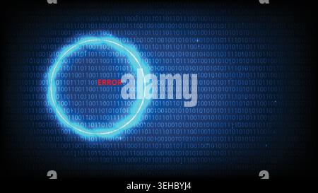 A glowing neon circle portal over a dark blue digital binary code background featuring a red error message Stock Vector