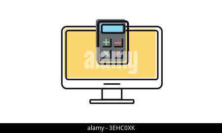 Desktop computer with calculator icon: PC workstation displaying financial tools, modern black line art with offset color fill vector for accounting. Stock Vector