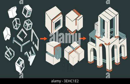 Isometric modular architectural system vector showing geometric construction process from fragmented parts to structure. Stock Vector