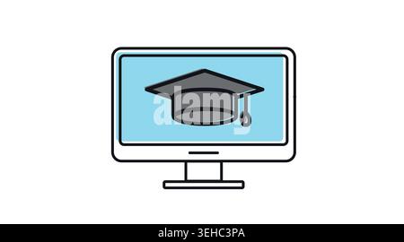Desktop computer with graduation cap icon: PC workstation displaying e-learning and online university symbol, modern black line art with offset color Stock Vector