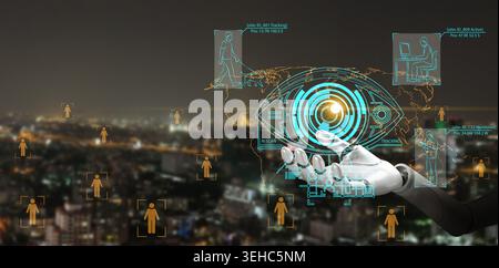 Robot hand controlling glowing AI surveillance eye over city skyline and world map. Surveillance state, people tracking, facial recognition, privacy r Stock Photo
