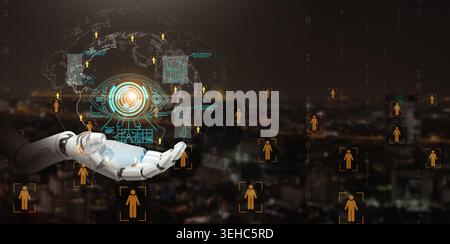 Robot hand holding glowing AI surveillance eye over city skyline, world map and tracked people icons. Surveillance state, digital control, facial reco Stock Photo