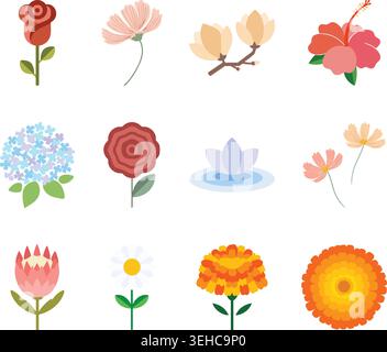 A colorful flat illustration set featuring various botanical flowers in different shapes and styles Stock Vector