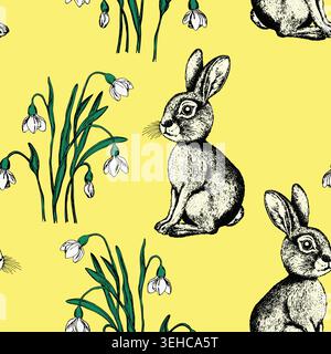 Seamless pattern with silhouette cute bunny, Easter rabbit, hare on color background. Design for card, postcard, wallpaper, fabric, textile. Vector Stock Vector
