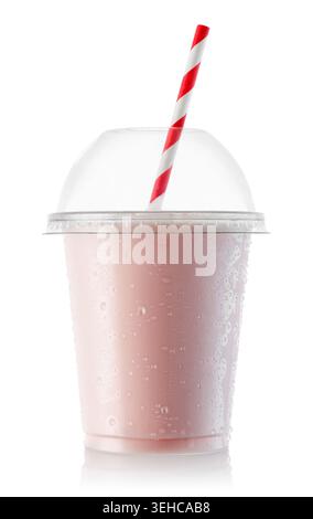 Pink milkshake in takeaway disposable plastic clear dome cup with condensation drops and straw isolated on white background Stock Photo